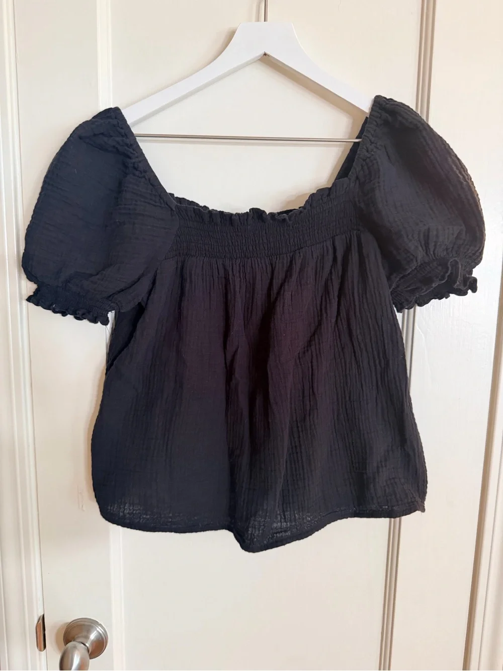 J. Crew Black Puff Sleeve Smocked-Neck Top